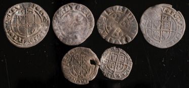 Six hammered coins including an Elizabeth I one penny:.