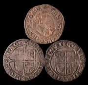 Two Charles I shillings mm tun and triangle and James I shilling mm thistle.