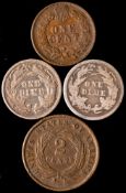 USA - an 1864 two cents, 1872 dime, 1873 cent and 1887 dime.