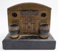 A late 19th /early 20th century painted wooden humidor in the form of a strongroom/warehouse:,