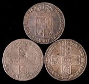 A 1689 William & Mary halfcrown, together with 1707 E and 1746 Lima.