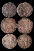 A Charles I sixpence mm tun,: three Elizabeth I sixpences, two James I 1604 and 1614.