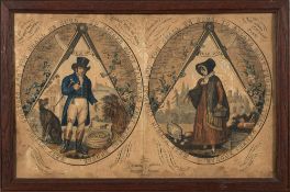 MASONRY : Free Mason print, hand coloured, 410 x 250 mm, William Darton, publisher,