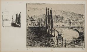 PISSARO, Camille : [ 1830-1903 ] Dry point etching of a bridge over a river, signed C P,