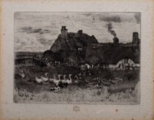BUHOT, Felix : [ 1847-1898 ] Dry point etching of geese in front of two old cottages,