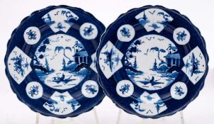 A pair of Bow powder blue ground plates: with lobed rims,