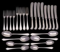 A matched Dog Nose pattern part flatware service, maker Francis Higgins III, London,