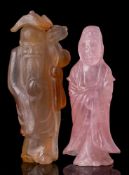 A Chinese carved agate snuff bottle and stopper in the form of Shou- Lao and a rose quartz figure