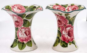 Two Bovey Tracey Wemyss pottery Lady Eva vases: decorated inside and out with pink cabbage roses,