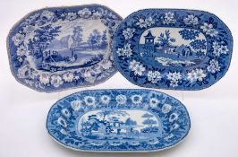 Three transfer decorated meat plates: each printed in blue and comprising a Rogers Elephant pattern
