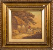 Manner of George Morland [19th Century]- Figures and horse outside a barn,:- with a companion,