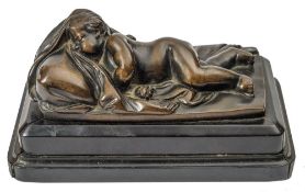A 19th Century bronze study of a sleeping putto: his head on a pillow and partially covered by a