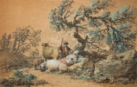 Attributed to Jean Pierre Louis Houel [1735-1813]- Landscape with couple on a track herding cattle