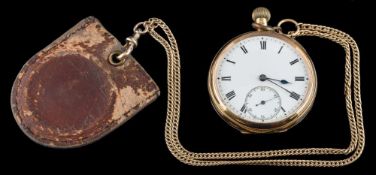 A gentleman's 18ct gold open face pocket watch: the white enamel dial with Roman numerals and
