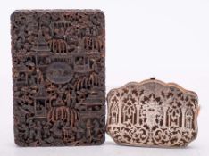 A Cantonese carved tortoiseshell card case: of rectangular outline decorated with figures in a