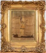 A Regency period silkwork picture of Cleopatra: holding an asp in one hand and a lamp in the other,
