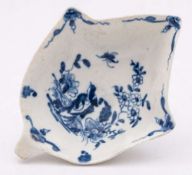 A First Period Worcester blue and white leaf-shaped pickle dish: painted with the 'Two Bird Peony