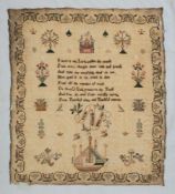A George IV English needlework sampler: with central religious verse, enclosed by flowering shrubs,