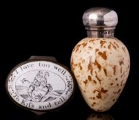 A Victorian silver mounted ceramic 'bird's egg' scent bottle and an enamel patch box: the first