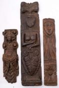 A 17th Century carved oak stile of a semi nude female caryatid: with long flowing hair, 50cm.