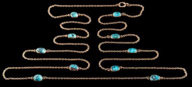 A 9ct gold and turquoise mounted guard chain necklace: of plain trace linking,