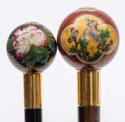WITHDRAWN A Chinese hardwood walking stick with cloisonne enamel pommel: decorated with
