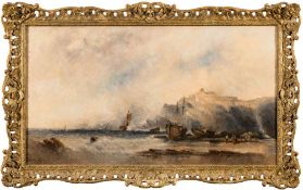 William McAlpine [19/20th Century]- Whitby; a stormy beach scene:- signed, oil on canvas, 44 x 79cm.