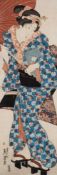 Keisai Eisen A Japanese woodblock print, Young woman walking under an umbrella: 71 x 23cm.