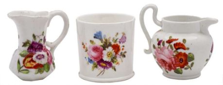 Two mid 19th century English porcelain miniature jugs and a similar mug: each painted with floral