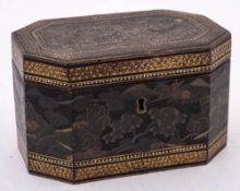 An 19th Century Chinese export ware tea caddy: of rectangular outline and canted corners,