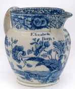 An early 19th century commemorative blue and white pearlware jug: inscribed 'Elizabeth Piper Born 2