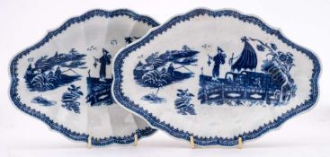 A pair of Caughley porcelain dishes: of shaped and fluted oval form transfer decorated in blue in