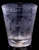 A Dutch soda glass beaker: engraved with two armorial devices,