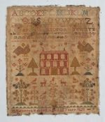 A George IV English needlework sampler: with bands of upper and lower case alphabet and Arabic