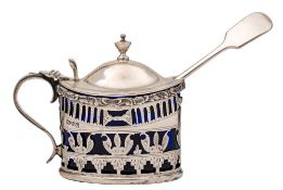 A Victorian oval silver mustard pot and cover, maker George Nathan & Ridley Hayes, Chester,