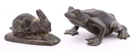 A bronze study of a rabbit after Antoine-Louis Bayre and a bronze study of a toad: the rabbit