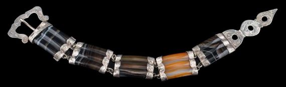 A 19th Century Scottish agate mounted bracelet: of strap and buckle form with five fluted banded