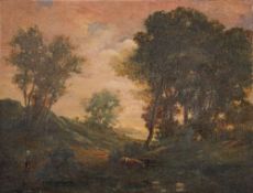 English School early 19th Century- Cattle and figures in a woodland glade,