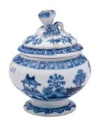 A Bow blue and white toilet pot and cover: of globular form with gadroon moulded cover and flower
