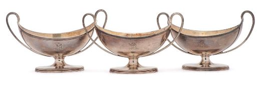 A set of three George III silver twin handled salts, maker Henry Chawner, London,