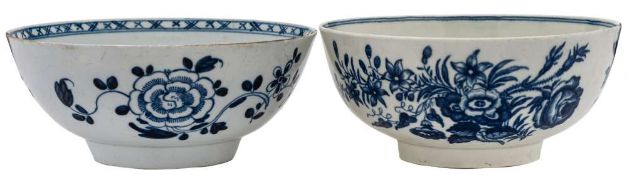 A Liverpool [Philip Christian] blue and white bowl and a Worcester bowl: the first painted with a