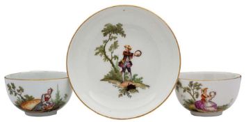 A Meissen tea cup and saucer together with a matching cup: painted with vignettes of male and