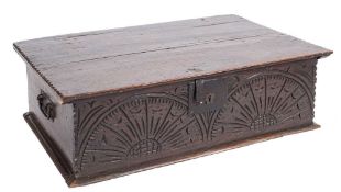 An early 18th Century oak rectangular bible box:, with a plain hinged top,