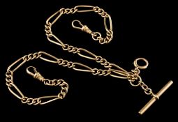 An 18ct gold curb-link watch chain: with bar and swivel attached, approximately 39gms gross weight.