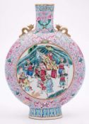 A Chinese Perenakan famille rose moon flask: decorated on one side with figures in a landscape and