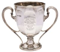 An Edward VII silver two handled trophy cup, maker Sibray, Hall & Co, Ltd, London, 1906: inscribed,
