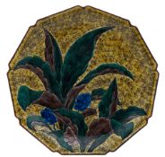 A Japanese Ko-Kutani dish: painted in traditional style with fruiting japonica on a black sponged