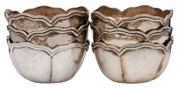 A set of six Continental white metal bowls, stamped Plata, 900: of lobed circular form,