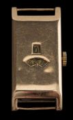 A gentleman's 9ct gold cased duo-dial rectangular wristwatch: with concealed hour and seconds dials,