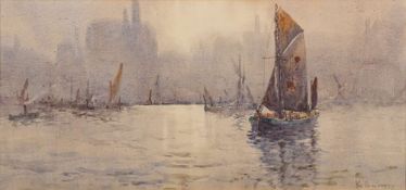 Rose Champion de Crespigny [1860-1935]- Misty Thames river scene,:- signed bottom right watercolour,